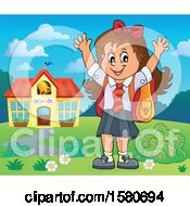 Clipart Of A Cheering School Girl Outside A Building Royalty Free Vector Illustration