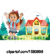 Poster, Art Print Of Cheering School Girl Outside A Building