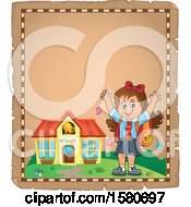 Clipart Of A Parchment Border Of A Cheering School Girl Outside A Building Royalty Free Vector Illustration