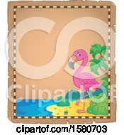 Poster, Art Print Of Parchment Border Of A Pink Flamingo Bird On A Beach