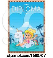 Poster, Art Print Of Girl Floating On A Unicorn Swim Toy On A Diploma