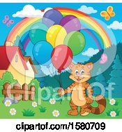 Poster, Art Print Of Ginger Cat Holding Party Balloons Under A Rainbow