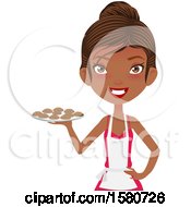 Clipart Of A Happy Black Female Chef Or Baker Wearing An Apron And Serving Chocolate Cookies Royalty Free Vector Illustration