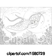 Clipart Of A Lineart Stingray Fish Swimming Over A Reef Royalty Free Vector Illustration by Alex Bannykh