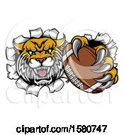 Poster, Art Print Of Vicious Wildcat Mascot Breaking Through A Wall With A Football