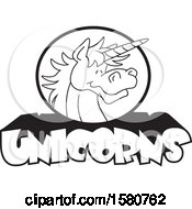 Clipart Of A Black And White Unicorn Mascot Over Text Royalty Free Vector Illustration