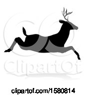 Poster, Art Print Of Black Silhouetted Deer Stag Buck Leaping With A Shadow On A White Background