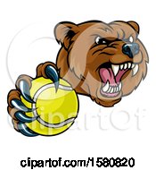 Poster, Art Print Of Mad Grizzly Bear Mascot Holding Out A Tennis Ball In A Clawed Paw