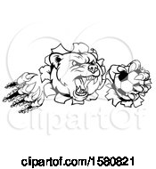 Poster, Art Print Of Black And White Vicious Aggressive Bear Mascot Slashing Through A Wall With A Soccer Ball In A Paw