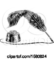 Poster, Art Print Of Feather Quill Pen Drawing A Line Around An Ink Well
