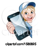 Clipart Of A White Female Worker Holding A Cell Phone Around A Sign Royalty Free Vector Illustration