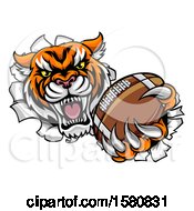 Poster, Art Print Of Vicious Tiger Mascot Breaking Through A Wall With A Football