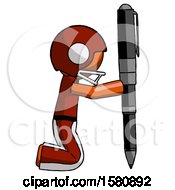 Poster, Art Print Of Orange Football Player Man Posing With Giant Pen In Powerful Yet Awkward Manner