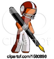 Poster, Art Print Of Orange Football Player Man Drawing Or Writing With Large Calligraphy Pen