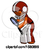 Poster, Art Print Of Orange Football Player Man Inspecting With Large Magnifying Glass Left