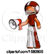 Poster, Art Print Of Orange Football Player Man Holding Megaphone Bullhorn Facing Right