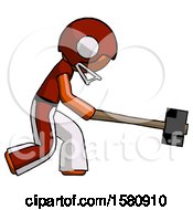 Poster, Art Print Of Orange Football Player Man Hitting With Sledgehammer Or Smashing Something