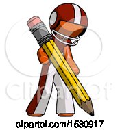 Poster, Art Print Of Orange Football Player Man Writing With Large Pencil