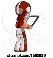 Poster, Art Print Of Orange Football Player Man Looking At Tablet Device Computer Facing Away