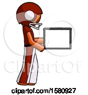 Poster, Art Print Of Orange Football Player Man Show Tablet Device Computer To Viewer Blank Area
