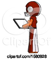 Poster, Art Print Of Orange Football Player Man Looking At Tablet Device Computer With Back To Viewer