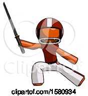 Poster, Art Print Of Orange Football Player Man With Ninja Sword Katana In Defense Pose