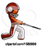 Poster, Art Print Of Orange Football Player Man With Ninja Sword Katana Slicing Or Striking Something