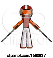 Poster, Art Print Of Orange Football Player Man Posing With Two Ninja Sword Katanas
