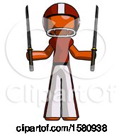 Poster, Art Print Of Orange Football Player Man Posing With Two Ninja Sword Katanas Up