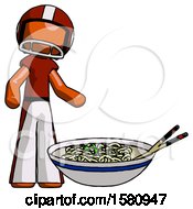 Poster, Art Print Of Orange Football Player Man And Noodle Bowl Giant Soup Restaraunt Concept