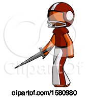 Poster, Art Print Of Orange Football Player Man With Sword Walking Confidently