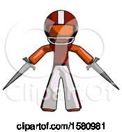 Poster, Art Print Of Orange Football Player Man Two Sword Defense Pose