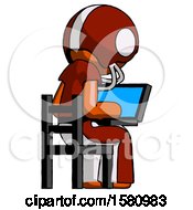 Poster, Art Print Of Orange Football Player Man Using Laptop Computer While Sitting In Chair View From Back