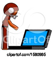Poster, Art Print Of Orange Football Player Man Using Large Laptop Computer Side Orthographic View
