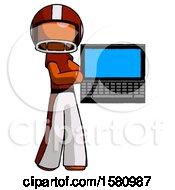 Poster, Art Print Of Orange Football Player Man Holding Laptop Computer Presenting Something On Screen