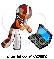 Poster, Art Print Of Orange Football Player Man Throwing Laptop Computer In Frustration