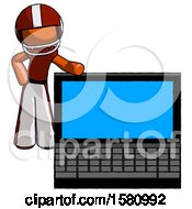 Poster, Art Print Of Orange Football Player Man Beside Large Laptop Computer Leaning Against It