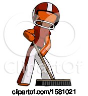 Poster, Art Print Of Orange Football Player Man Cleaning Services Janitor Sweeping Floor With Push Broom