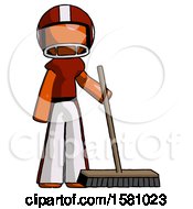 Orange Football Player Man Standing With Industrial Broom