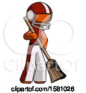 Orange Football Player Man Sweeping Area With Broom