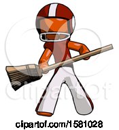 Poster, Art Print Of Orange Football Player Man Broom Fighter Defense Pose