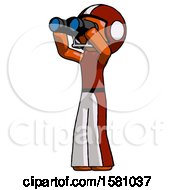 Poster, Art Print Of Orange Football Player Man Looking Through Binoculars To The Left