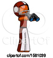 Poster, Art Print Of Orange Football Player Man Holding Binoculars Ready To Look Right