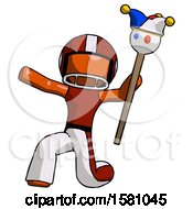 Poster, Art Print Of Orange Football Player Man Holding Jester Staff Posing Charismatically