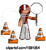Poster, Art Print Of Orange Football Player Man Holding Stop Sign By Traffic Cones Under Construction Concept