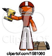 Poster, Art Print Of Orange Football Player Man Holding Drill Ready To Work Toolchest And Tools To Right