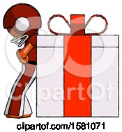 Orange Football Player Man Gift Concept Leaning Against Large Present