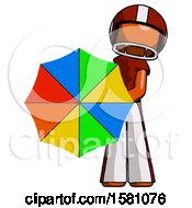 Poster, Art Print Of Orange Football Player Man Holding Rainbow Umbrella Out To Viewer