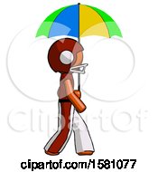 Poster, Art Print Of Orange Football Player Man Walking With Colored Umbrella