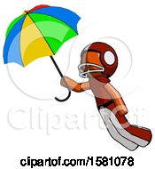 Orange Football Player Man Flying With Rainbow Colored Umbrella